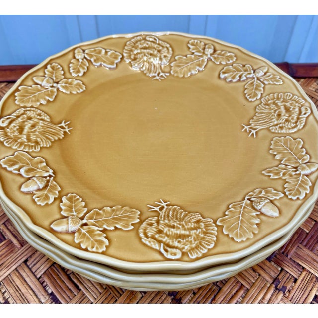 Bordallo Pinheiro Yellow Acorn and Turkey Majolica Dinner Plates- Set of 5 For Sale - Image 9 of 12