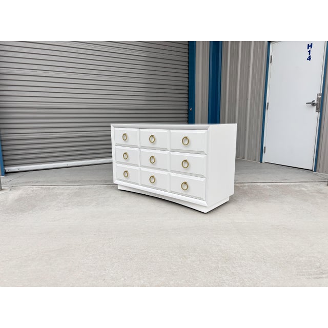 1960s 1960s Mid-Century White and Brass Nine-Drawer Dresser by t.h. Robsjohn-Gibbings for Widdicomb For Sale - Image 5 of 11