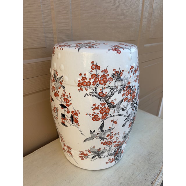 Late 20th Century Chinoiserie Cherry Blossom Orange and Black Porcelain Garden Stool or Side Table For Sale - Image 4 of 8