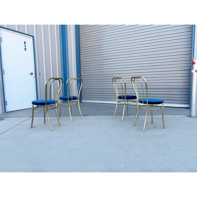1980s 1980s Set of 4 Vintage Hollywood Regency Brass & Royal Blue Velvet Dining Chairs For Sale - Image 5 of 16