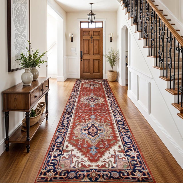 Serapi Rust/Navy Wool Runner- 2' 6'' X 8' 0'' For Sale - Image 4 of 9