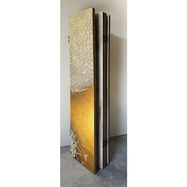 Maitland - Smith Vintage Gilt Peacock 4-Panel Folding Screen, Maitland Smith Attributed, Asian Modern For Sale - Image 4 of 6