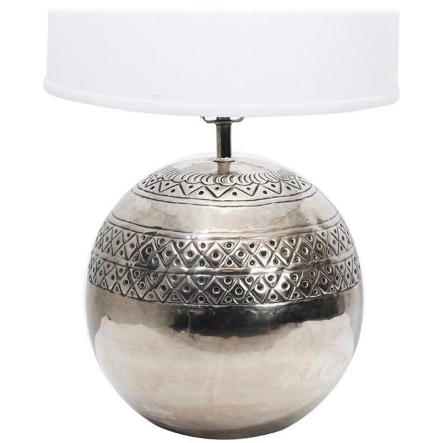 Sculptural lamp by Sarreid Ltd, Spain, circa 1970s. Polished nickel plated over brass. Lamp base orb measures 11" diameter...
