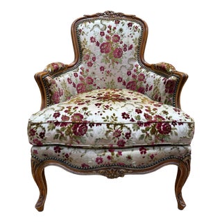 Louis XV Cherry Wood and Floral Velvet Bergère Armchair, 1980s For Sale