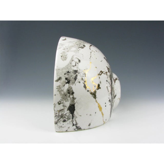 Vintage Charleton large white ceramic wall pocket planter with hand-painted marble finish in gray and gold.