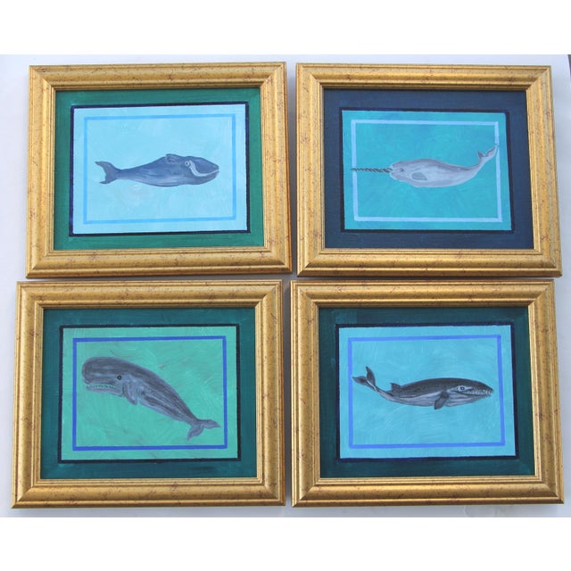 Set of four Whale Paintings on ocean blue background. Traditional, Minimalism, Folk Art, Pop Art, Coastal, Beach Nautical....