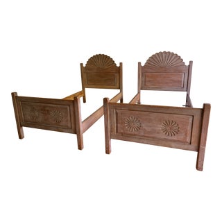 Vintage Hand-Carved Solar Motif Twin Beds - a Pair For Sale