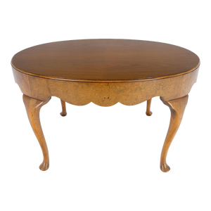 Baker Oval Walnut Top Burl Base Thick Queen Ann Leg Coffee Side Occasional Table