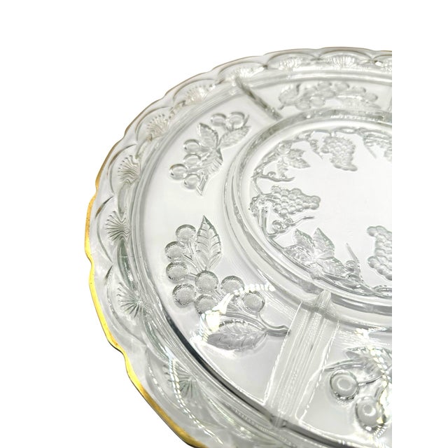 Glass Vintage Crystal Clear Glass 5 Part Divided Serving Tray With Grape and Leaf Motifs For Sale - Image 7 of 9