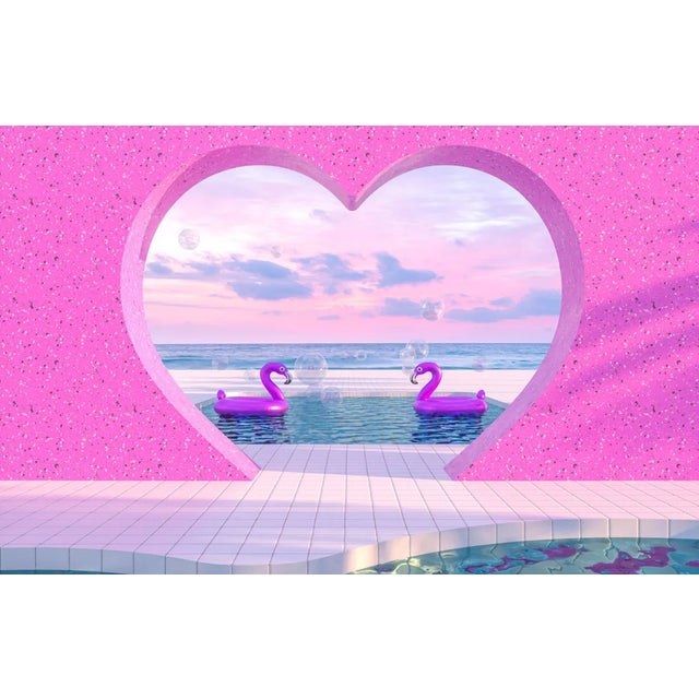 mim.girl, Abstract Summer Beach Scene With Pink Flamingo in Swimming Pool Background, Photographic Paper For Sale