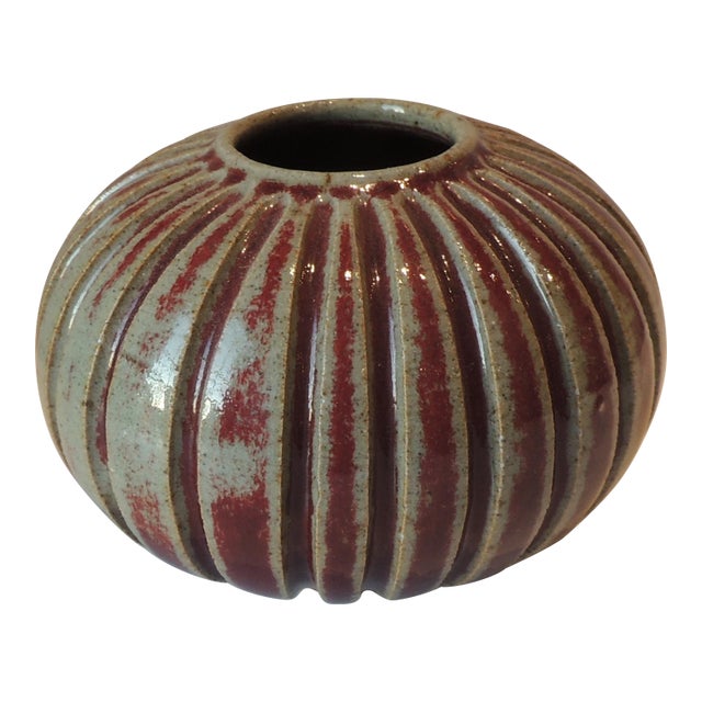 Fired Glazed Red & Green Ribbed Mid-Century Modern Vase For Sale