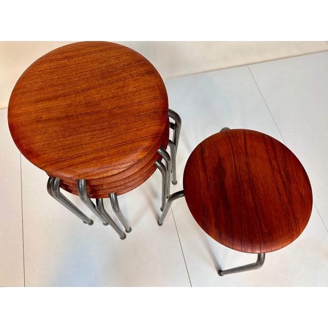 1960s Teak Plywood and Tubular Steel Atelier Stacking Stools, Denmark, 1960s, Set of 6 For Sale - Image 5 of 18