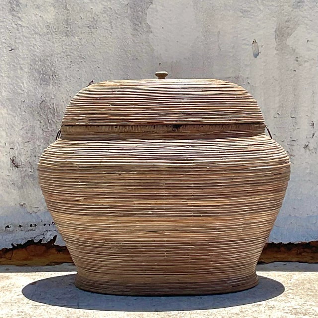 Vintage Coastal Pencil Reed Lidded Basket For Sale - Image 9 of 10