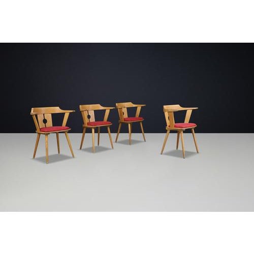 1950s Mid-Century French Bistro Armchair in Beech and Red Upholstery, 1950s For Sale - Image 5 of 11