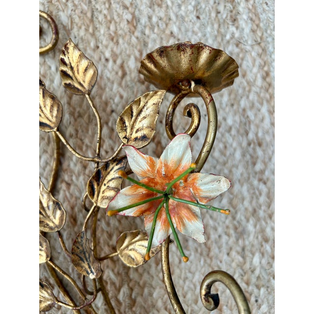 Traditional Pair Vintage Italian Hand Painted Gilt Tole Sconces For Sale - Image 3 of 6
