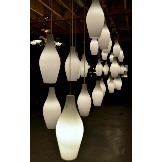 Mid-Century Scandinavian Three-Drop Cascade Opaline Cased Glass Bowling Pin Lights in Teak, 1960s For Sale - Image 13 of 15