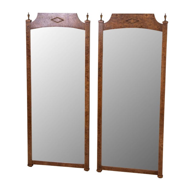 Pair Burled Walnut Mirrors With Brass Finials For Sale In New York - Image 6 of 13