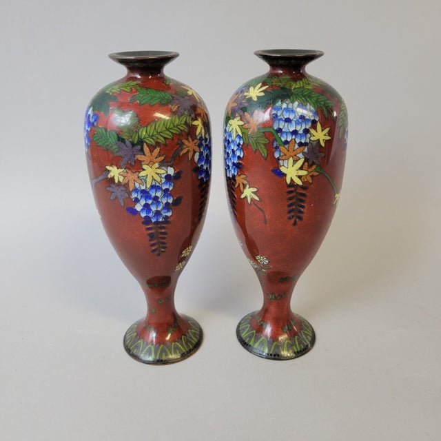 Metal Pair of Japanese Ginbari Cloisonné Vases With Wisteria & Floral Motifs For Sale - Image 7 of 10