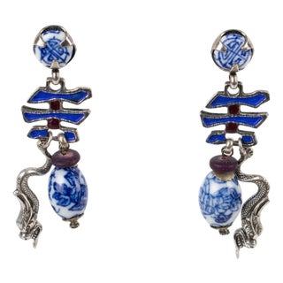 Zoe Coste Silvered Metal and Enamel Dangle Pierced Earrings For Sale