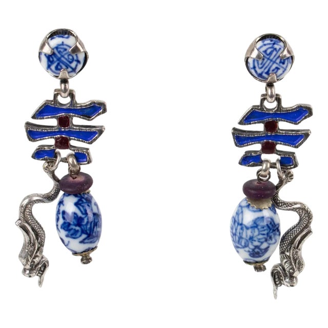 Zoe Coste Silvered Metal and Enamel Dangle Pierced Earrings For Sale