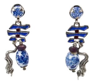Zoe Coste Silvered Metal and Enamel Dangle Pierced Earrings