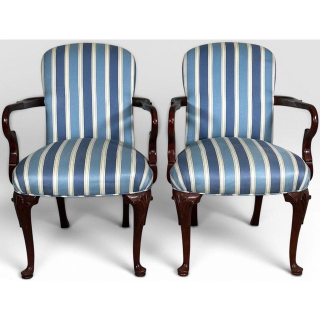 Pair of Vintage Upholstered Queen Anne Style Striped Armchairs With Shell Carving This striking pair of vintage Queen...