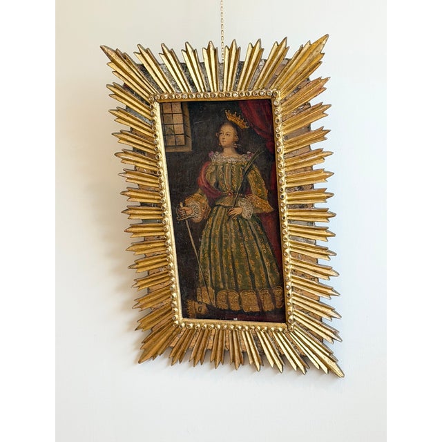 An exceptionally intriguing 18th-century Italian School oil on panel depicting a richly dressed crowned woman holding a...