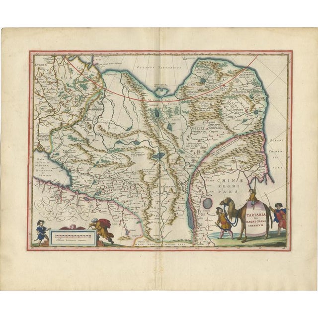 Imperial Tartary Map of Central Asia with Caravan Scene from Blaeu, 1642 For Sale - Image 3 of 12