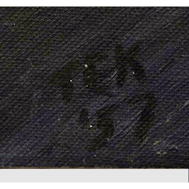 A mid century Modernist painting of a partially clothed reclining woman, signed REK (?), 1957. The media is oil on wood,...