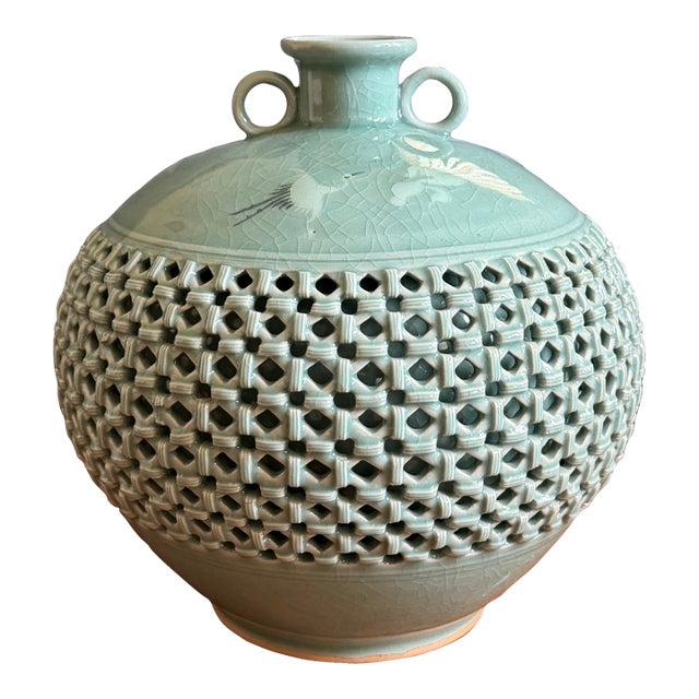 Celadon Glaze Reticulated Vase For Sale