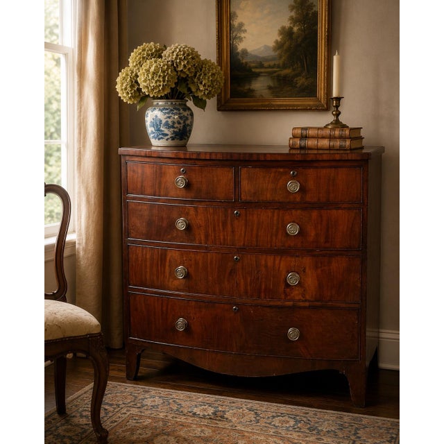 French Antique George III Mahogany Bowfront Chest on French Feet C. Late 18th Century For Sale - Image 3 of 11