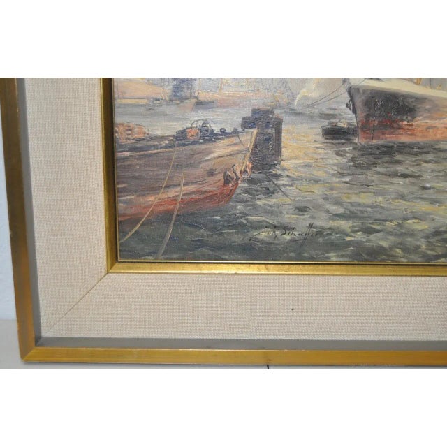 Jan Schaeffer(1923-2018) "Ships in Port" Original Oil Painting c.1930s This fine original oil on canvas is signed in the...