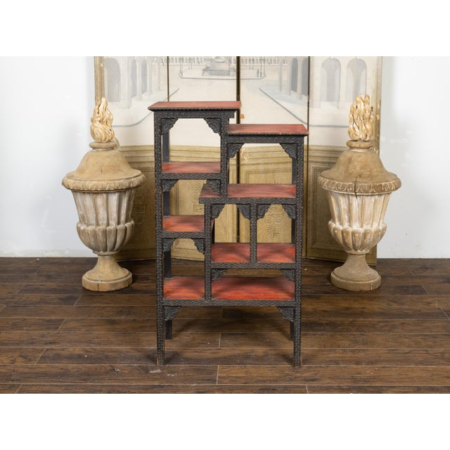 Anglo-Indian 1930s Black Painted Tiered Shelf with Carved Scrolling Foliage For Sale - Image 4 of 11