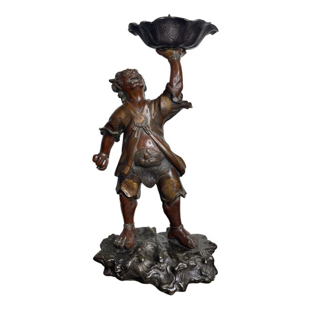 19th Century Japanese Meiji Gilt Bronze Oni With Lotus For Sale