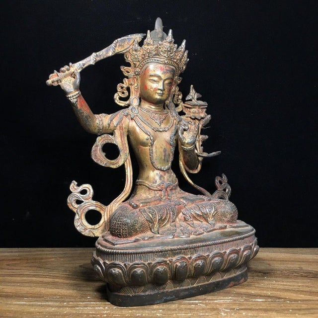 Vintage Tibetan Solid Bronze Manjushri Bodhisattva Sculpture, Seated Lotus Throne Buddha Statue, Chinoiserie Buddhist Altar Decor For Sale In Los Angeles - Image 6 of 9