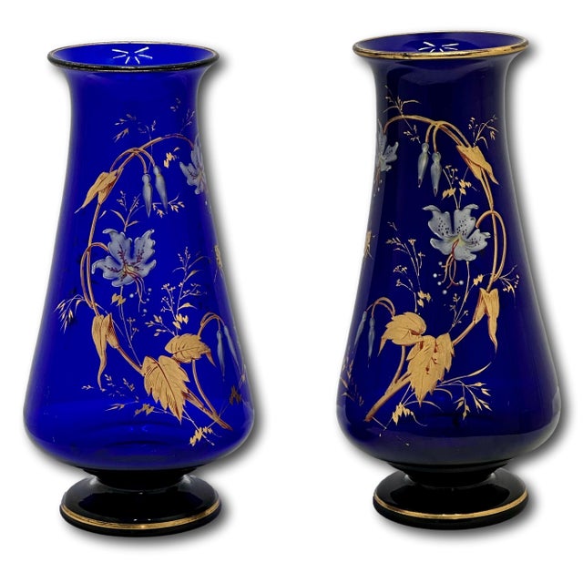Val Saint-Lambert Rare Stunning Antique Victorian Hand Decorated 22k Gold Enameld Cobalt Blue Art Glass Vases by Val Saint Lambert - Mid 19th Century For Sale - Image 4 of 18