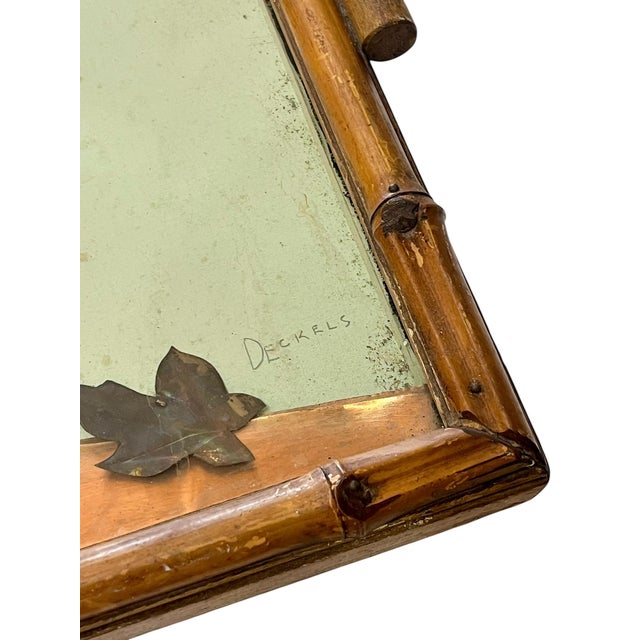 Mid 20th Century Vintage Two Handle Tray Folk Art Hammered Copper Hunting Dog in Bamboo and Glass Frame For Sale - Image 5 of 14