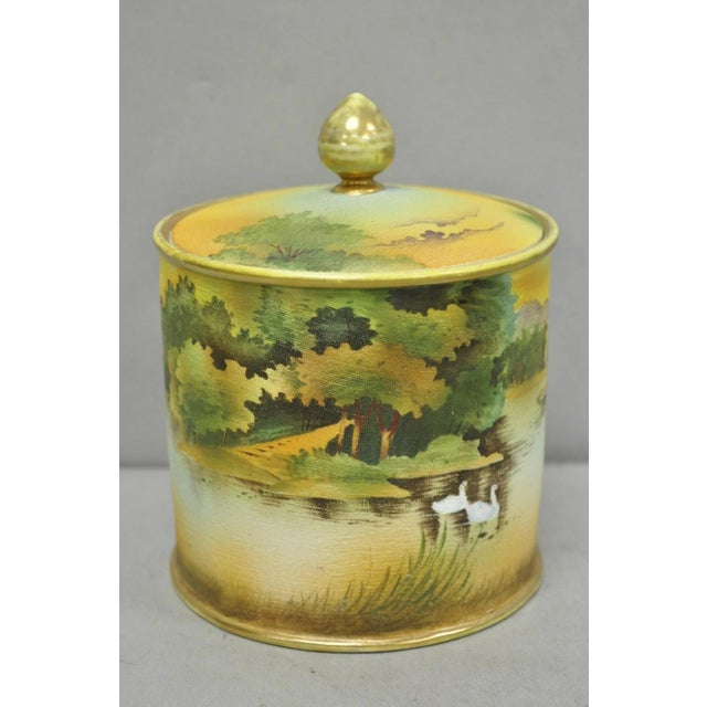 Antique Nippon Hand Painted "Tapestry" Porcelain Lake & Duck Humidor Biscuit Jar For Sale - Image 18 of 18