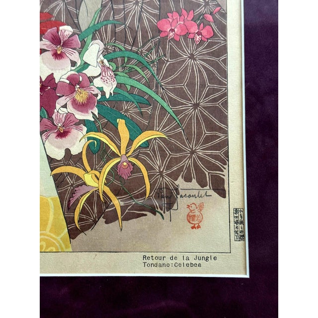 Yellow Framed Woodblock Print Retour de la Jungle Tondana Celebes by Paul Jacoulet For Sale - Image 8 of 9