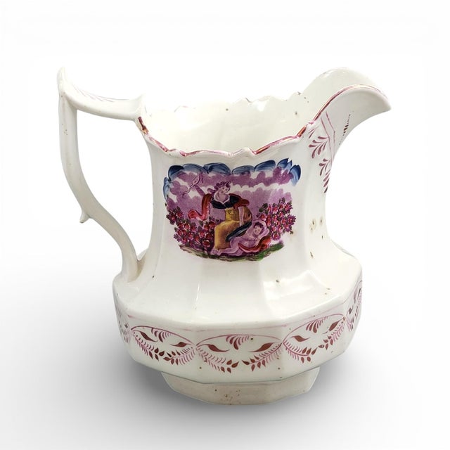 Pearlware Lustre Jug with Purple Pastoral Transfer Scene from Staffordshire, 1825-1840 For Sale - Image 4 of 10