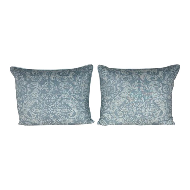 Pair of Elegant Designer Damask Pillows in Soft Blue Tones For Sale