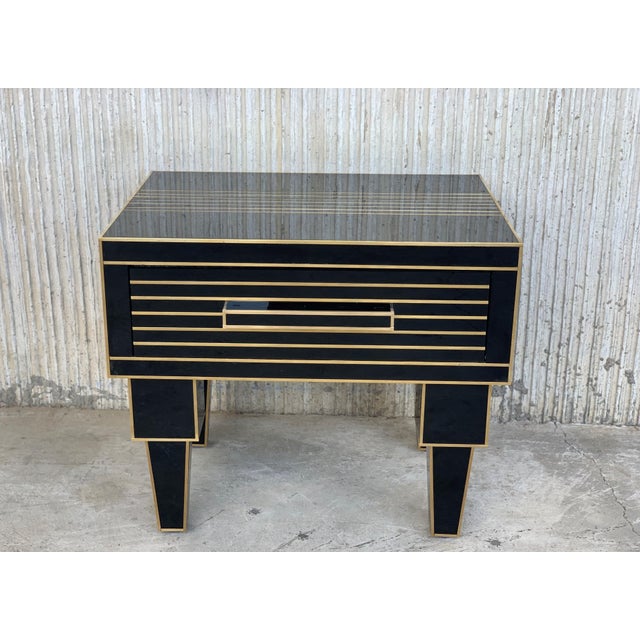 New Pair of Mirrored Low Nightstand in Black Mirror and Chrome with Drawer For Sale - Image 6 of 18