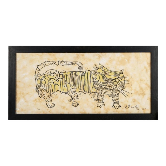 Framed Early Modernist Wu Hao Woodcut “Abstract Tiger” Edition 5/10 For Sale