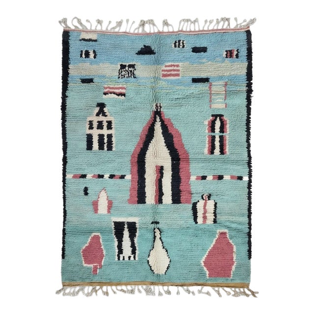 Handwoven Berber Wool Rug With Turquoise - 9.7 X 6.8 Ft For Sale