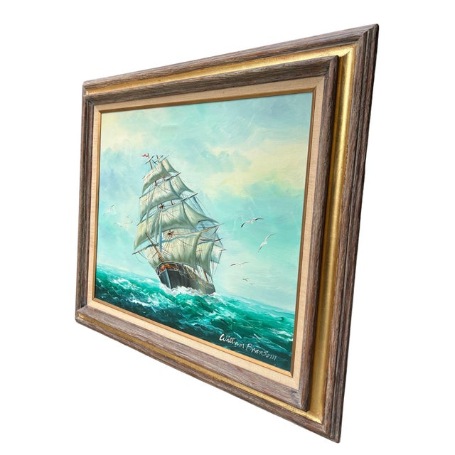 A vintage marine oil painting of a full-rigged tall ship under sail, set in a driftwood-gray frame with a gold inner lip...