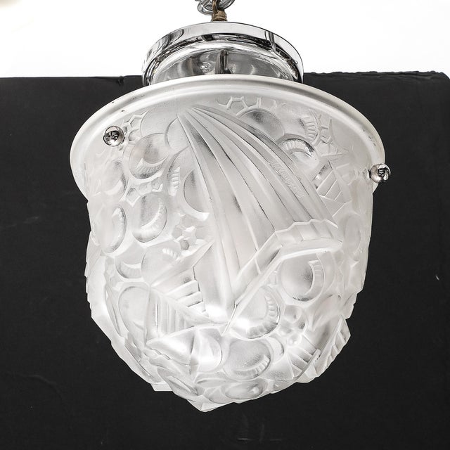 Muller Frères Art Deco Molded & Frosted Glass Pendant W/ Cubist Detailing by Muller Freres For Sale - Image 4 of 16