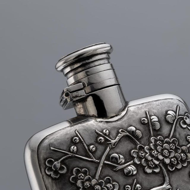 Metal Antique Japanese Export Silver Cherry Blossom Hip Flask, 19th Century For Sale - Image 7 of 17