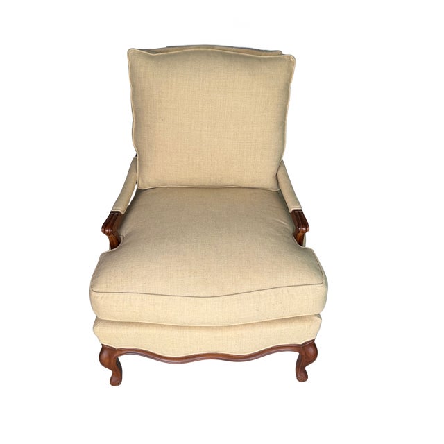 Pair of Vintage Hickory Chair Louis XV Bergère Armchairs – French Provincial Upholstered Accent Chair With Carved Wood Frame For Sale - Image 16 of 16