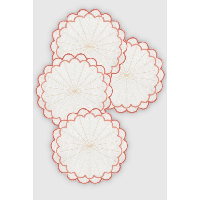 Escamas Coral Embroidered Linen Coasters by Los Encajeros, Set of 4 For Sale - Image 4 of 4