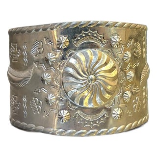 Native American Style Etched Silver Cuff Bracelet For Sale